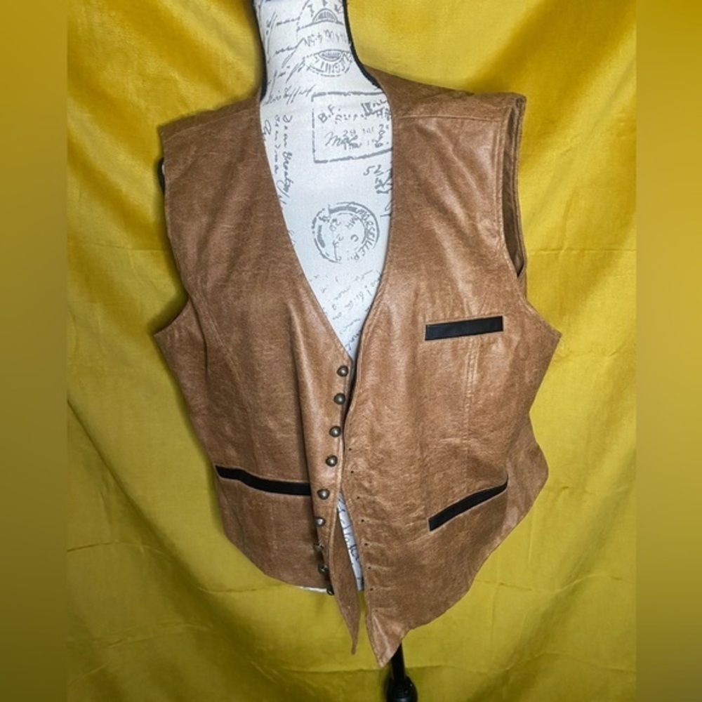 Halloween- Men Faux Leather Button Up Brown Vest for Costumes - Large EUC